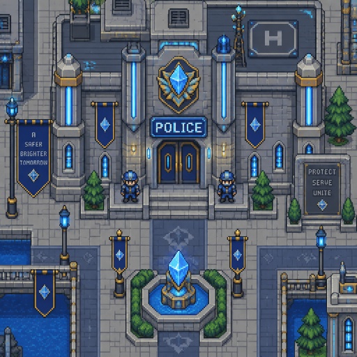 Police station for a futuristic fantasy city game, exterior, top down style
