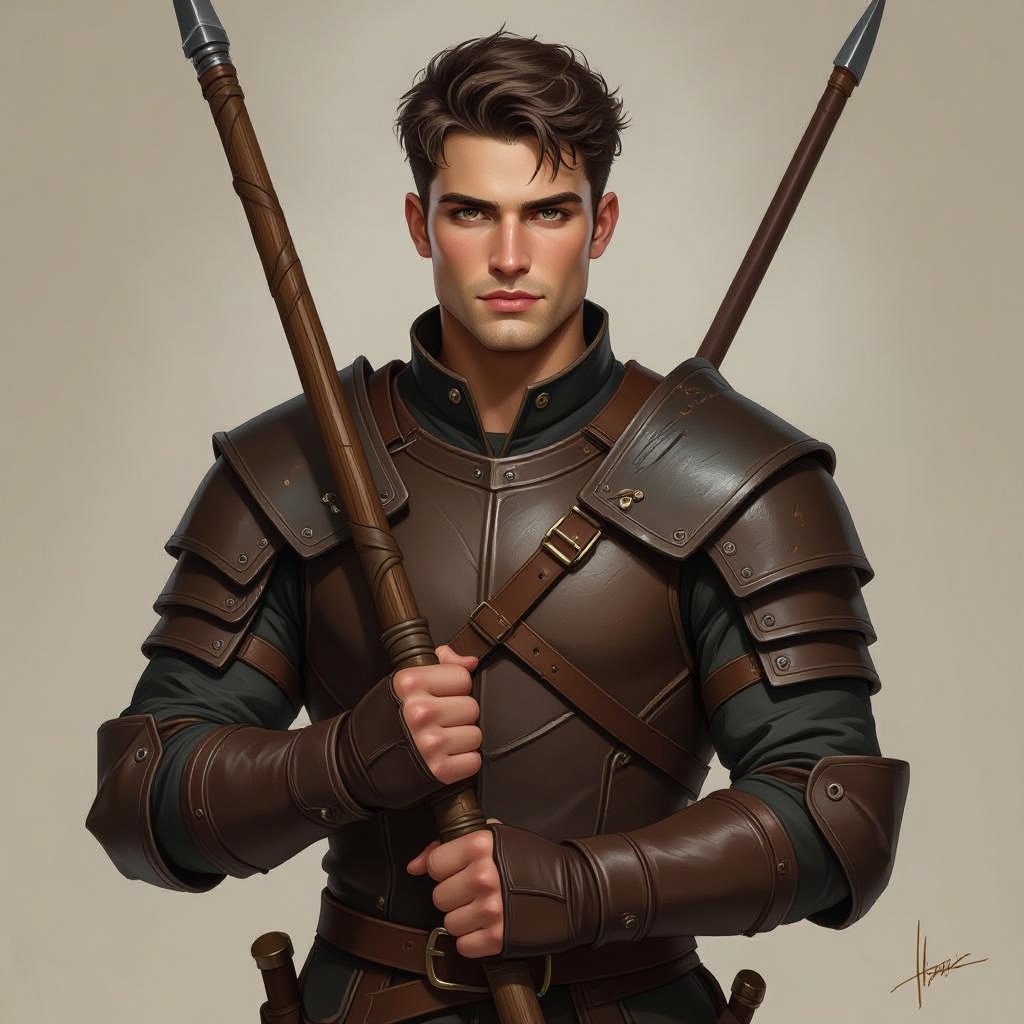 Human male age 20 leather armor with quarter staff