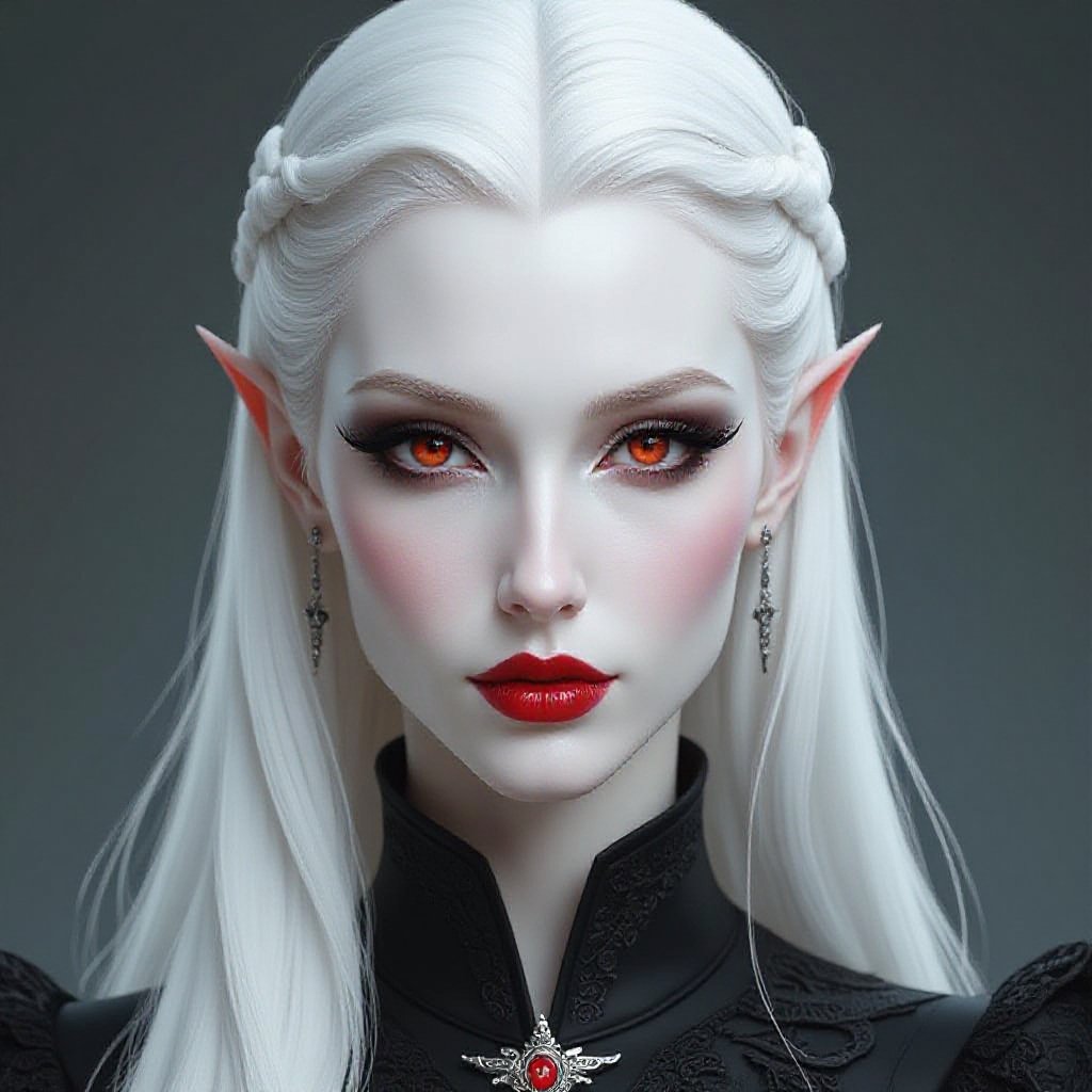 Albino vampire, woman, short skinny, extremely beautiful. The Witcher universe. White hair, white eyelashes, red eyes, no makeup, realistic, porcelain skin
