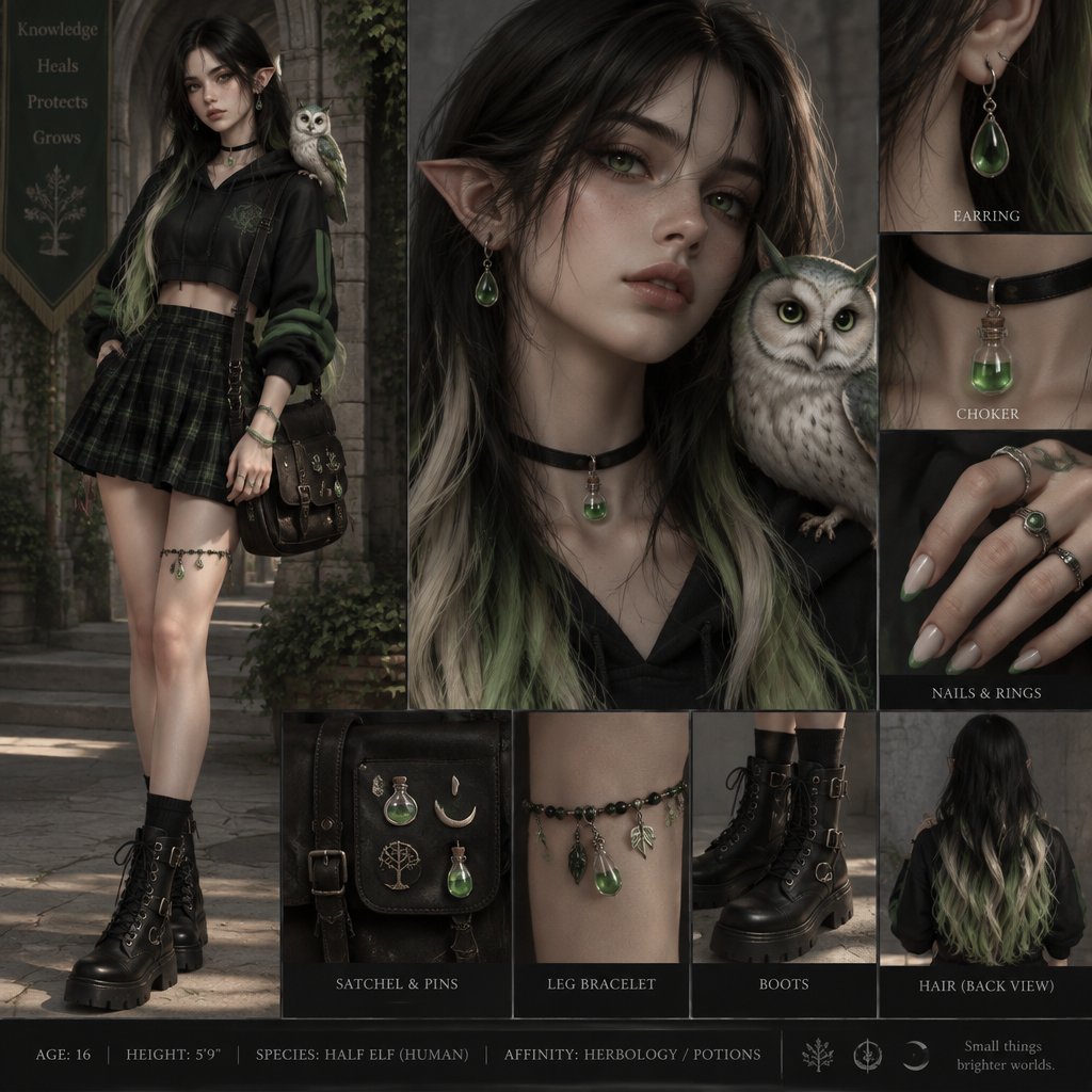 Female, 16, 5’9 tall, stitch braids that go to ankles, black hair with bleached tips and poison green creeping up the bleached tips, emerald green eyes, slightly pointed ears, pale skin, green crystal drop down earrings that connect to a higher part on ear, black choker with a small green crystal potion charm, black cropped hoodie with green accents, a black and green plaid skirt that stops 2 inches from the knees, a beefed black green and blue beaded leg bracelet with potion charms every few beads, black combat boots, a leather satchel across the body with pins fantasy pins, a jade bangle on one hand, fidget rings placed randomly on fingers, white medium almond nails with poison green French tips, ankle length hair, an elf owl on her shoulder