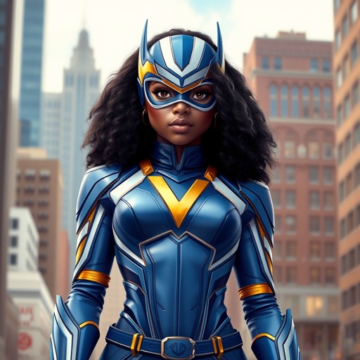 A teenage African American female superhero wearing a domino style mask with slightly curly hair in a shoulder length side part style wearing a slightly armored White and blue suit with gold accents blue pants and a stylized V as her chest emblem a utility belt and blue boot heel less standing in Philadelphia