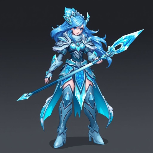 Create a battle woman hero called Alvara the Frostheart. Show full body head to toe including shoes