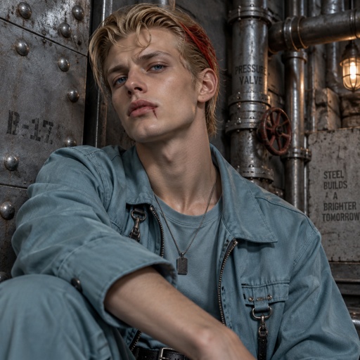 Male, blonde greased brushed back hair, curl on forehead, red streak in hair, scar on lip, blue eyes, slim, designer, cyan casual clothes,
