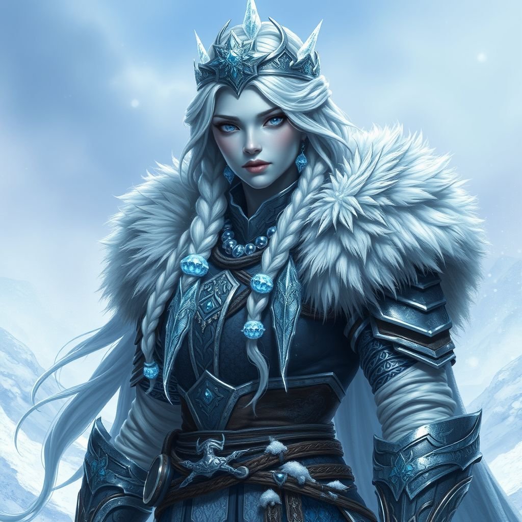 Create a character head to toe showing the whole character, meaning legs feet body face everything: A tall, battle-hardened woman with pale, icy-blue skin. Her long silver hair flows in braids tipped with frozen beads. She wears heavy, fur-lined armor made from the hides of snow beasts. Her eyes glow faint blue. A frost-shaped crown rests lightly on her head.
