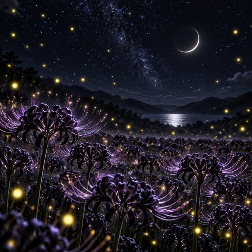 a field of purple flowers under a night sky