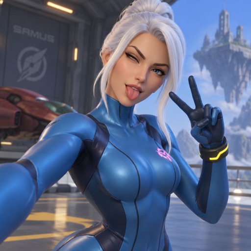 Samus Aran zero suit, Accurate Kado thorne from Fortnite white hair, making funny faces