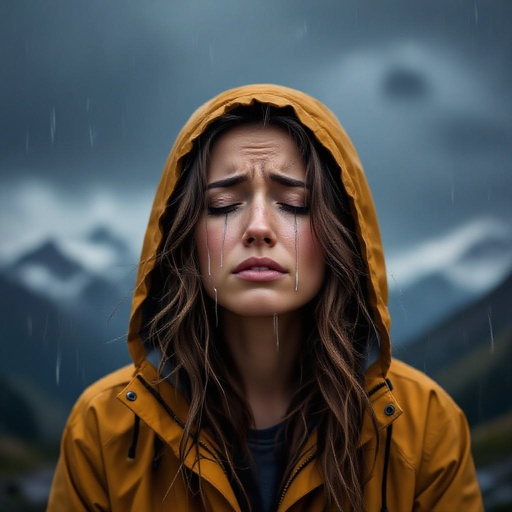 Woman crying in the mountains in the rain 