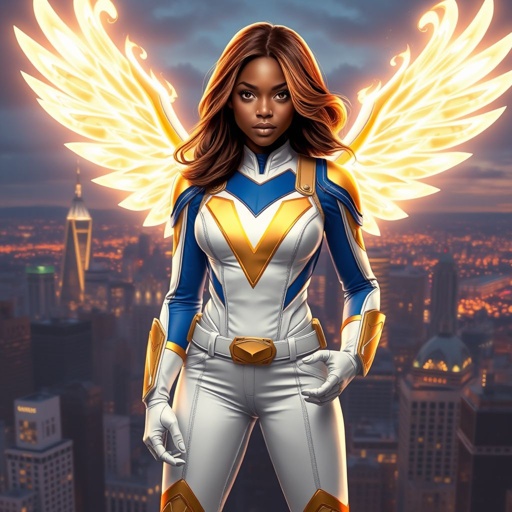 A teenage African American female superhero with brown hair with gold highlights in a shoulder length side part hairstyle with pure Gold Glowing eyes wearing a white suit with gold and royal blue with white pants and gold and white knee length boots with a utility belt with a gold V as her chest emblem with glowing wings made of white fire in Philadelphia