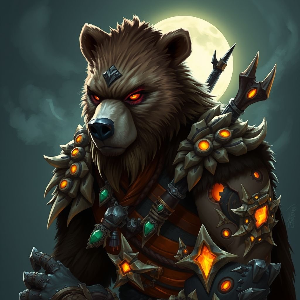 BearFolk barbarian with brown fur and amber color eyes, super strange