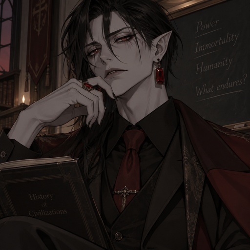 Male vampire, black hair long in the front short in the back hair of ears in the middle of face dropping,red eyes has eyeliner the bottom eyeliner has two big eyelashes, pointy ears, gray skin,extreme cheekbones, small lines under eyes ,big red square earrings and a ring,is a teacher