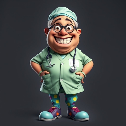 create a fat doctor. Who is funny human looking from head to toe. And he always immediately results to surgery for anything even small things. So please be sure to show his whole outfit head to toe. Make him have funny teeth