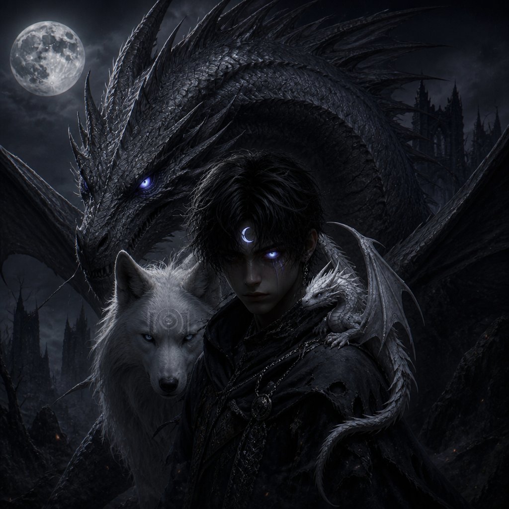 a man and a wolf in front of a full moon