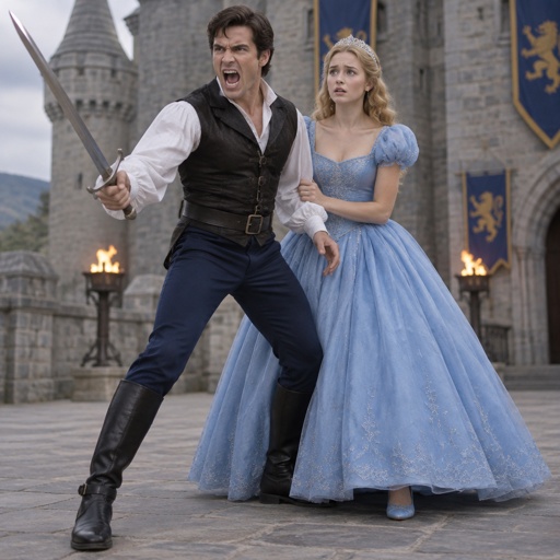 Sword Mouth Wide Screamed Angry Male Men White Long Sleeve Shirt Black Rider Vest Blue Pants Black Shoes Princess Blue Princess Dress Shoes