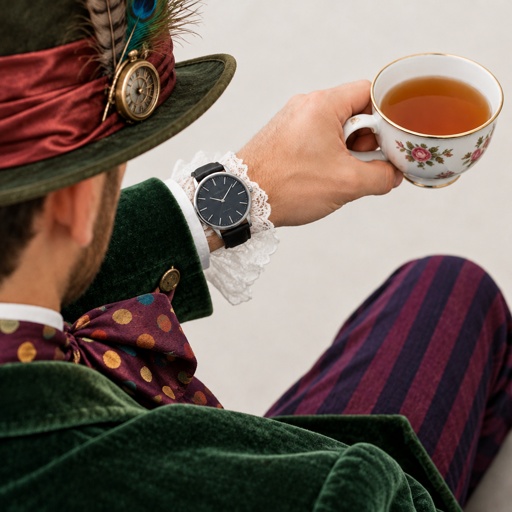 a man in a top hat holding a cup of tea