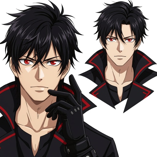 Please create a man, crimson red piercing eyes, black hair in a mullet like hair style. Strong cheekbones but not too strong. Muscles but not too strong, wears a black coat with crimson accents and black leather gloves