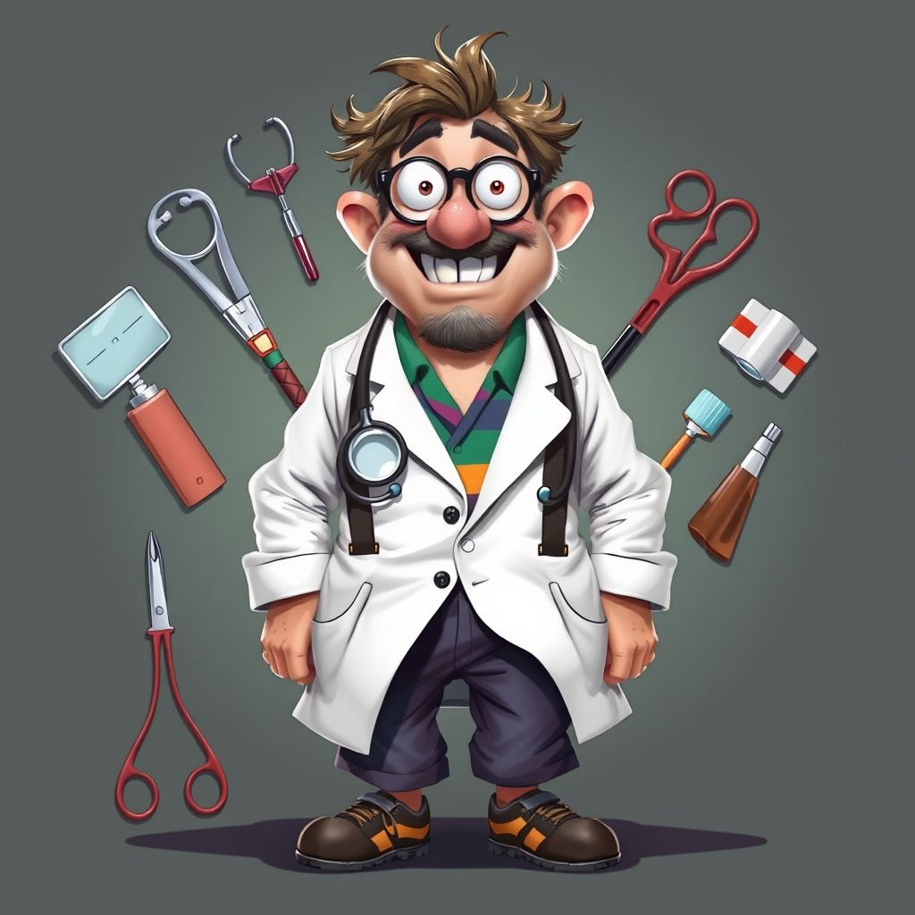 create a doctor. Who is funny human looking from head to toe. And he always immediately results to surgery for anything even small things. So please be sure to show his whole outfit head to toe. Make him have only 1 tooth
