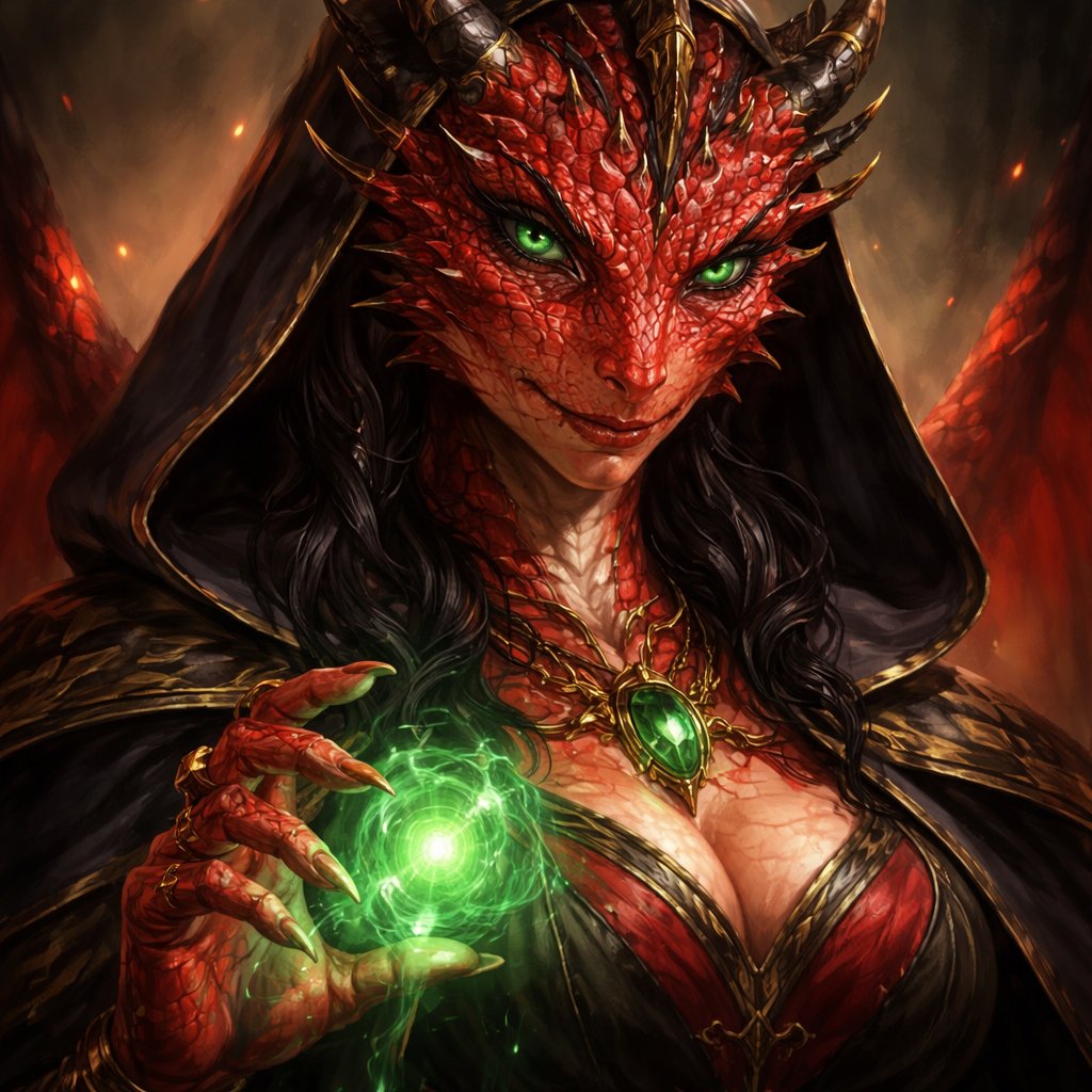 a deceptive dnd red dragonborn sorcerer lady with green eyes