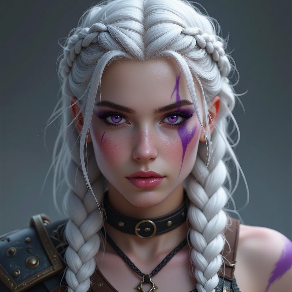A female Goliath dnd character who has white messy battle braided hair and pale porcelain skin with purple streaks across her face and body and deep violet purple eyes