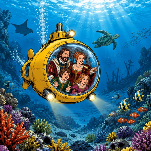 a cartoon of a family in a submarine