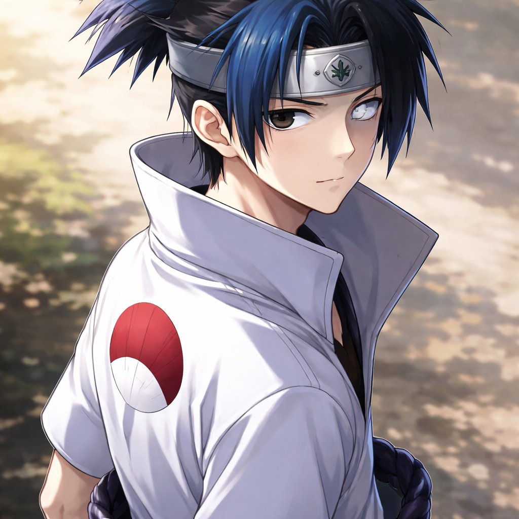 A teenage BOY that looks like itachi uchiha, has the konoha headband as a hair tie with short hair, has part blue and part black hair, one eye black and the other white, and uses sasuke uchiha clothes style and the uchiha logo