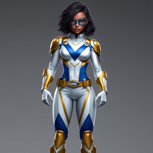 A teenage African American female with shoulder length curly hair  in a side part style superhero  wearing a MASK and a slightly armored white and gold suit with white pants and blue accents and a stylized V as her chest emblem a utility belt and gold boots