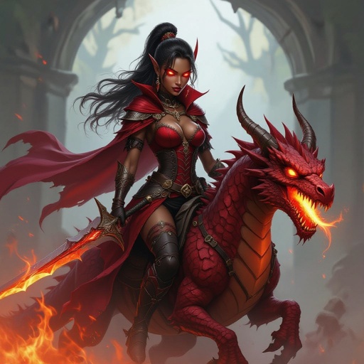 Light brown skinned queen vampire with bright brown eyes wearing red with a sword riding a fire breathing red dragon