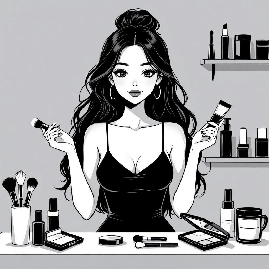 Create a character showing there whole body head to toe, a lady who loves beauty products  