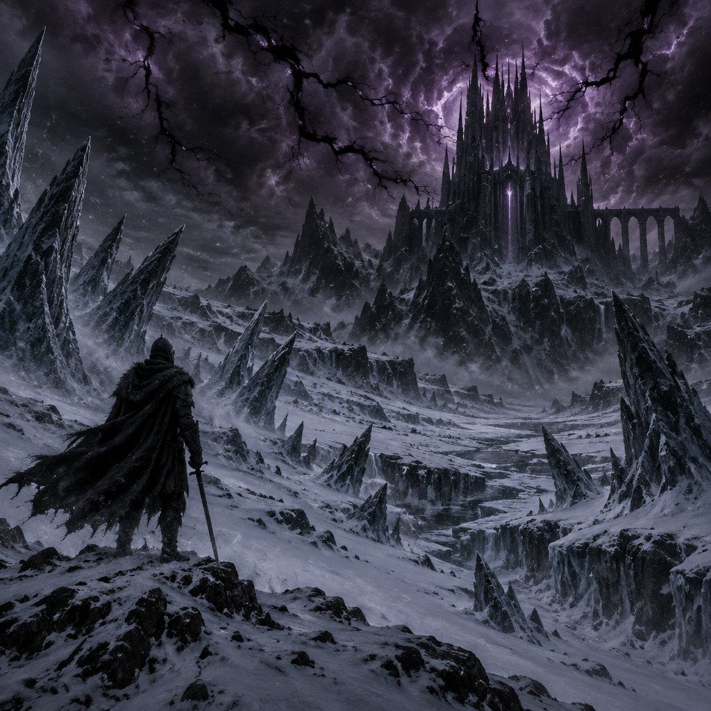 person in a ice land with thunder extreme storm