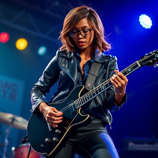 A teenage darker skinned African American woman with glasses shoulder length brown hair with highlights in a side part style wearing black leather jacket with blue accents black jeans a dark blue shirt on a stage playing a Flying V electric guitar with a band