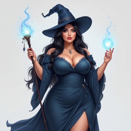 A full body portrait of a curvey plus size witch with long hair and a very dark grey-blue witch hat that matches with her dress with a wand in her hand