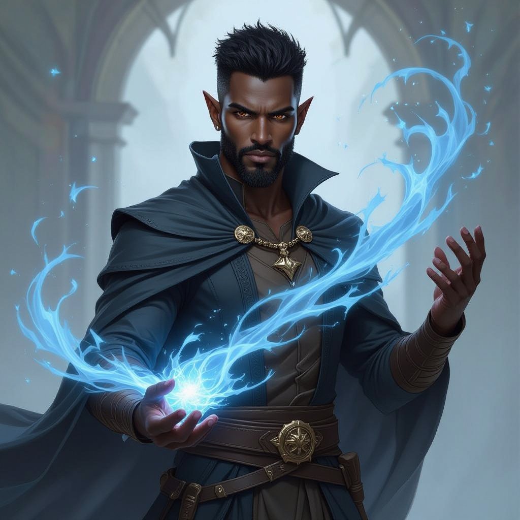 Black elf man in his early thirties with short black hair and black beard with brown eyes with wind abilities