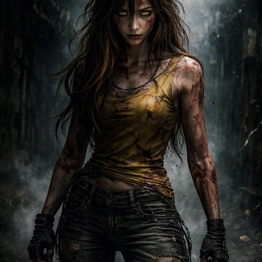 A 17 year old girl who has brown hair with yellow stripes. She is wearing a yellow shirt and jeans. She looks strong and mean.