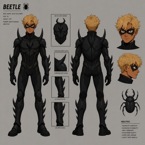 Male superhero, fourteen, beetle powers, cool suit, black color pallet, blonde wavy hair, mask, freckles, tan, spikes, 