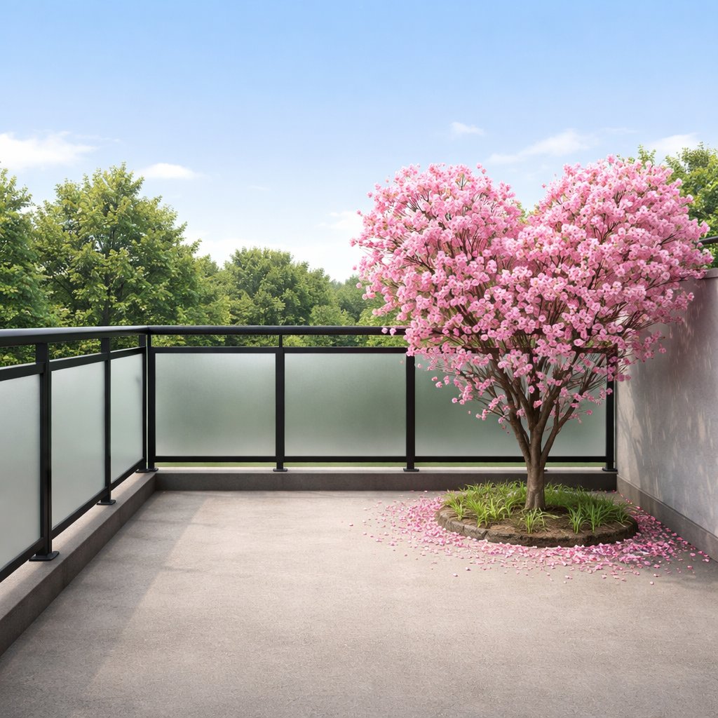 A empty balcony next to it, a heart shaped blossom tree