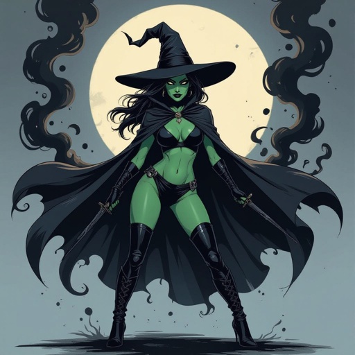 sexy shadow demon witch gypsy slate grey skin large black billowing cloak that emits darkness and shadow smoke. Two piece. Witches Hat.  Wields Black Evil Shadow Smoke Daggers