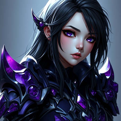 Purple and black armoured Girl with jet black long hair with dark purple eyes that glow 