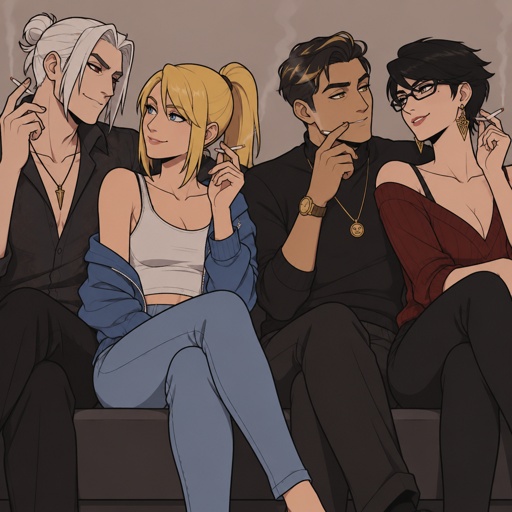 Kado Thorne from Fortnite white hair medium length back hair bun pale skin, Samus Aran zero suit, Midas from Fortnite not gold skin, Bayonetta from super smash bros short hair, all smoking cigarettes, all wearing casual clothes, double date no facial hair, clean shaven 
