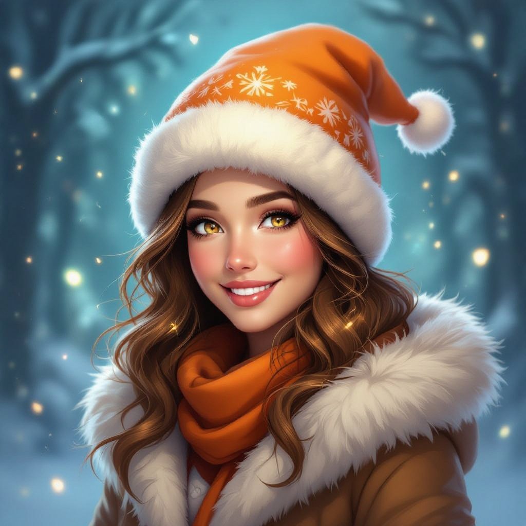 Kobieta o jasnobrązowych włosach, ubrana w zimową czapke w kolorze pomarańczowym i jasnobrązowe futro. Uśmiechnięta.