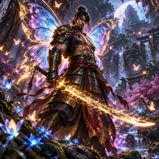 A muscular man  super samurai warrior butterfly.