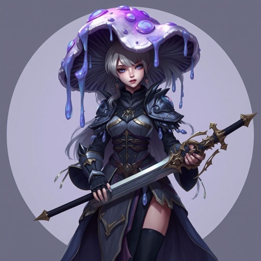 Fungril mushroom female hat as a goo dripping mushroom and dress as a pretty mushroom longsword plate armor colors black grey white purple