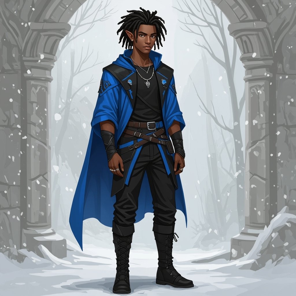 A 19 year old half human and half elf black man with short dreads wearing black and blue and brown eyes