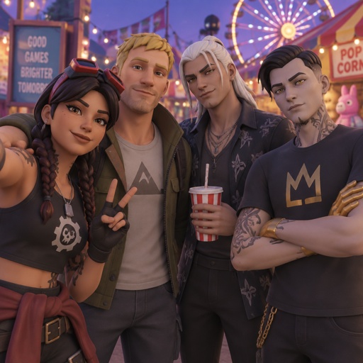 Jules from Fortnite, Jones from Fortnite stubble , Kado Thorne from Fortnite white hair, Midas from Fortnite, all at a fair, all wearing casual clothes 