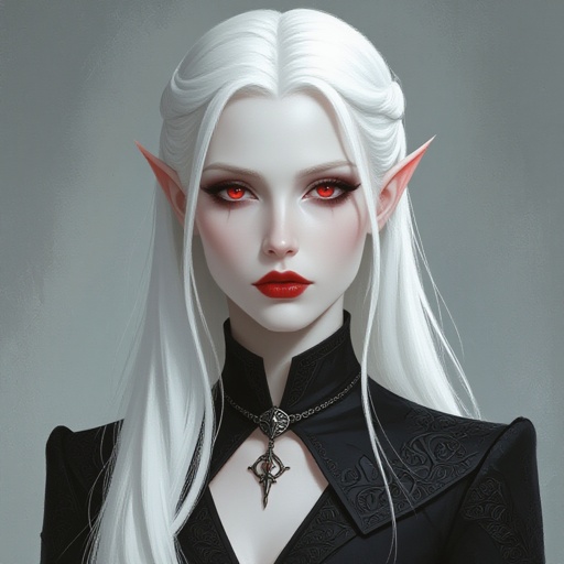 Albino vampire, woman, short skinny, extremely beautiful. The Witcher universe. White hair, white eyelashes, red eyes, no makeup, realistic, porcelain skin. Barefaced, natural look, no makeup