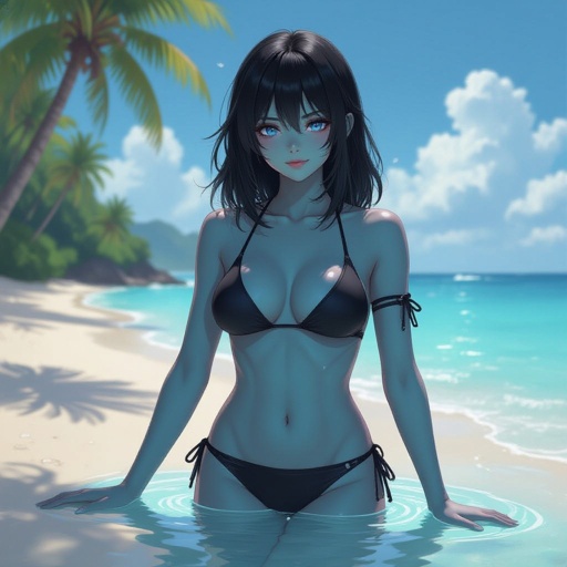 A black haired girl with blue skin in a bikini 