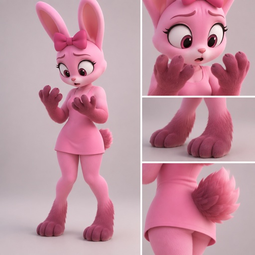 Pinki from Sprunki as her kind wererabbit self realising that her fur is getting darker and fluffier with her hands and feet turning more paw like with her noticing that her tail is entering the second stage of her transformation into a wererabbit 