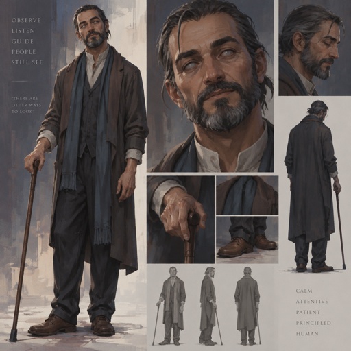 Full body, with multiple variations of Blind man, eyes that do not track. Clothes chosen by touch: good cloth, no logos. Head tilt before a click. Calm face. Faces Sarah a degree off and still has her. Reads as a teacher, not a villain. Fortiche painted, quiet authority.