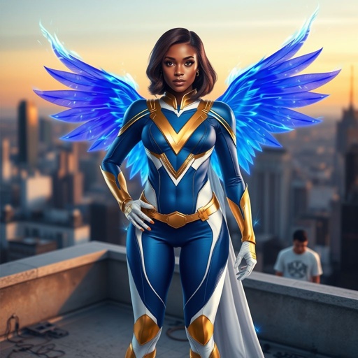 A young African American female superhero with shoulder length hair in a side part style wearing a blue and white suit made of spandex like material that’s slightly armored with gold accents with white pants and gold boots with a stylized V as her chest emblem with wings made of blue fire standing on a roof in a Philadelphia at dawn