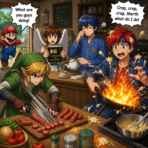 Super smash brothers link from legend of Zelda, pit from kid Icarus, Marth from fire emblem,Roy from fire emblem, there trying to make breakfast Roy in casual clothes accidentally got pancake batter on himself holding frying pan that caught on fire saying "crap,crap,crap marth what do I do!" link cutting sausages on cutting board really fast in casual clothes, pit trying to read the cookbook but it's upside down and he can't read in casual clothes, Marth wearing his pajamas making himself some tea with a tired face expression Marth sleepily replies to Roy saying "Hu you talking to me?" Mario runs in the kitchen with a freaked out face expression then says "what are you guys doing!"