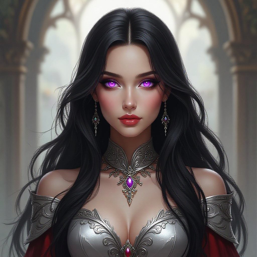Long dark hair, purple eyes, pale skin, lean, wearing silver and red dress.