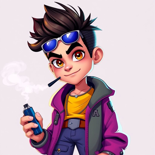 Create a funny cocky character named vaping Kenny, not smoking a car just holding one and thinking he is the man